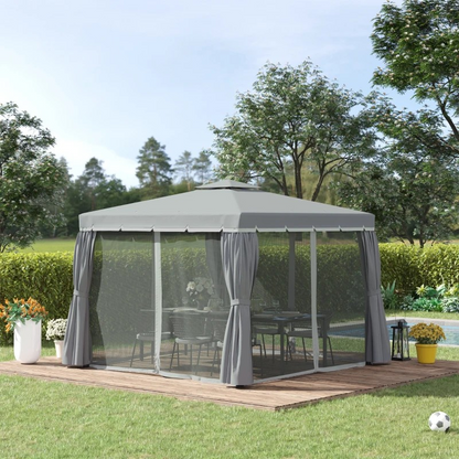 3 x 3(m) Patio Gazebo Canopy Garden Pavilion Tent Shelter Marquee with 2 Tier Water Repellent Roof, Mosquito Netting and Curtains, Aluminium Frame, Dark Grey