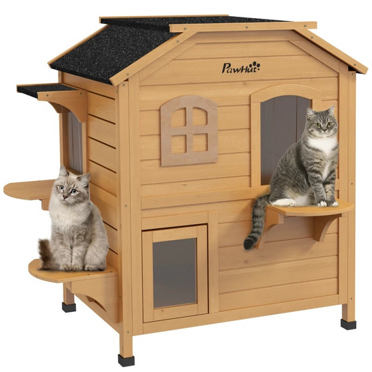 2-story Cat House Outdoor, Weatherproof Wooden Cat Enclosure for Feral Cats with Escape Door, Openable Roof, Jumping Platforms, Natural Wood Finish