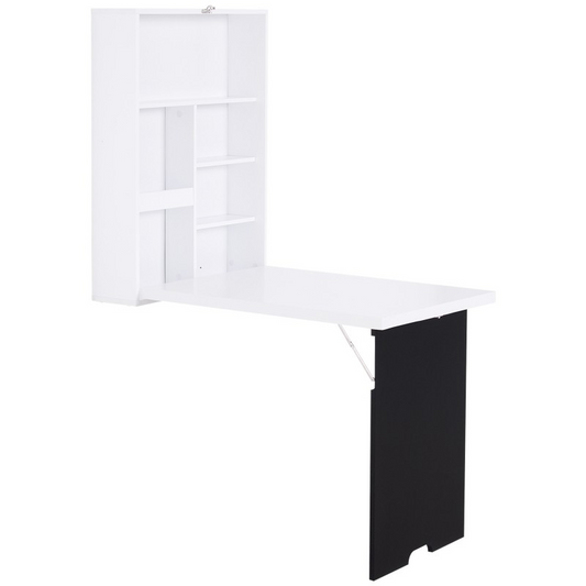 Folding Wall-Mounted Drop-Leaf Table, Convertible Wall Table With Chalkboard and Storage Shelf, Multifunctional Floating Desk for Home Office