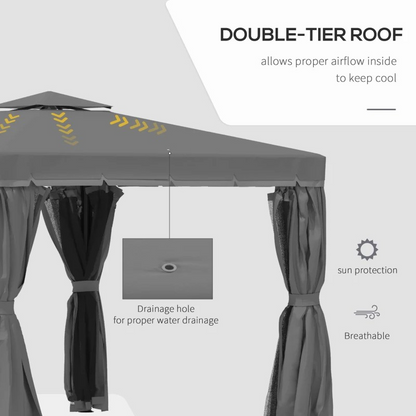 3 x 3(m) Patio Gazebo Canopy Garden Pavilion Tent Shelter Marquee with 2 Tier Water Repellent Roof, Mosquito Netting and Curtains, Aluminium Frame, Dark Grey