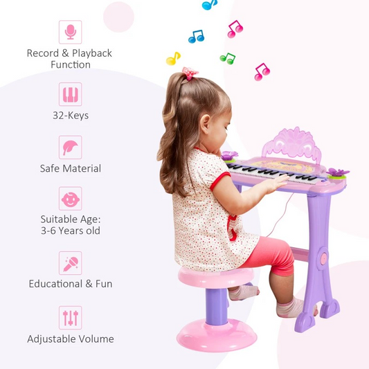 32 Keys Kids Mini Electronic Keyboard Musical Instrument Educational Game Toy Children Grand Piano Stool