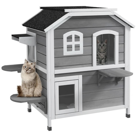 2-story Cat House Outdoor, Weatherproof Wooden Cat Enclosure for Feral Cats with Escape Door, Openable Roof, Jumping Platforms, Grey