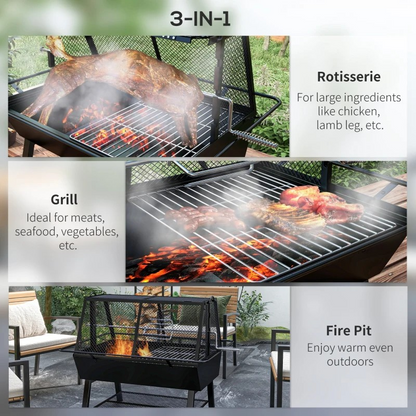 3-in-1 Barbecue Grill, Rotisserie Roaster and Fire Pit, with Cover