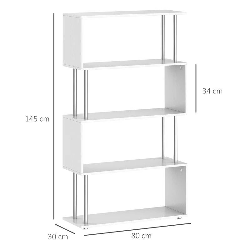 S Shape Bookcase, 5 Tiers Bookshelf, Modern Freestanding Storage Shelf for Home Office, Study, Living Room, 80 x 30 x 145cm, White