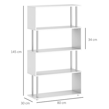 S Shape Bookcase, 5 Tiers Bookshelf, Modern Freestanding Storage Shelf for Home Office, Study, Living Room, 80 x 30 x 145cm, White