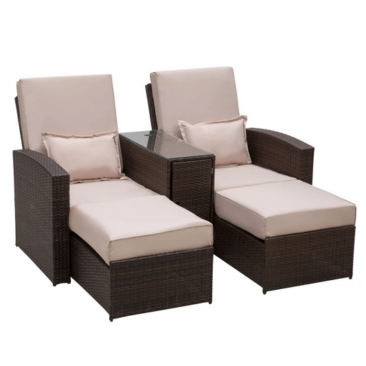 2-Seater Rattan Sofa Lounger Set-Brown