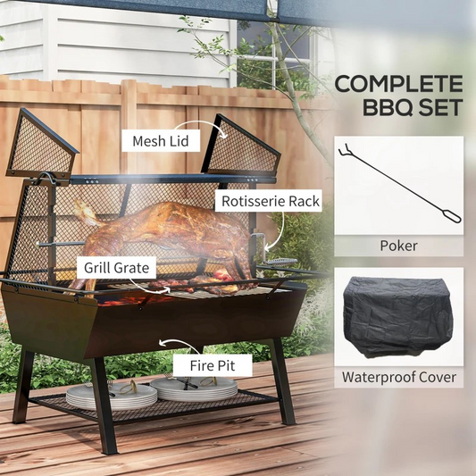 3-in-1 Barbecue Grill, Rotisserie Roaster and Fire Pit, with Cover