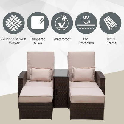 2-Seater Rattan Sofa Lounger Set-Brown