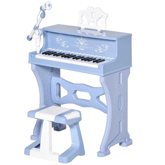 37 Keys Kids Piano Mini Electronic Keyboard Light Kids Musical Instrument Educational Game Children Grand Piano Toy Set w/Stool & Microphone & Music Stand (Blue)