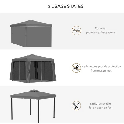 3 x 3(m) Patio Gazebo Canopy Garden Pavilion Tent Shelter Marquee with 2 Tier Water Repellent Roof, Mosquito Netting and Curtains, Aluminium Frame, Dark Grey